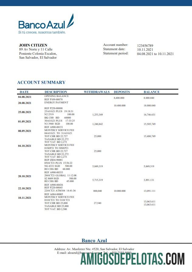Salvador Banco Azul Bank Statement examplo